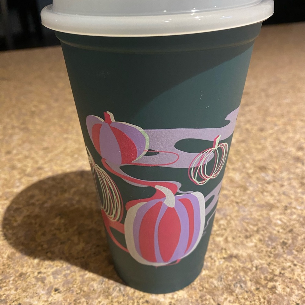 NWOT Starbucks Green Tumbler with Pumpkin Design